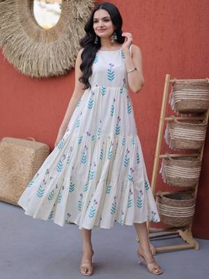Fabulous Sky Blue Printed Cotton Daily Wear Dress 5