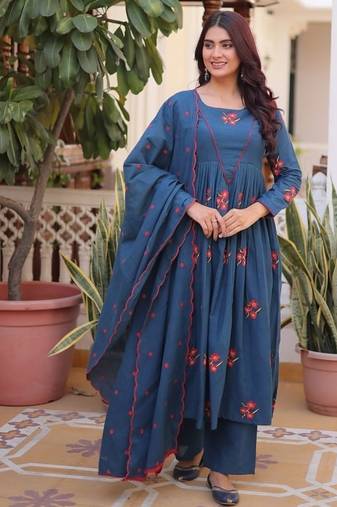 Blue cotton with embroidered work  stitched kurti pant & dupatta set