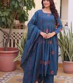 Blue cotton with embroidered work  stitched kurti pant & dupatta set
