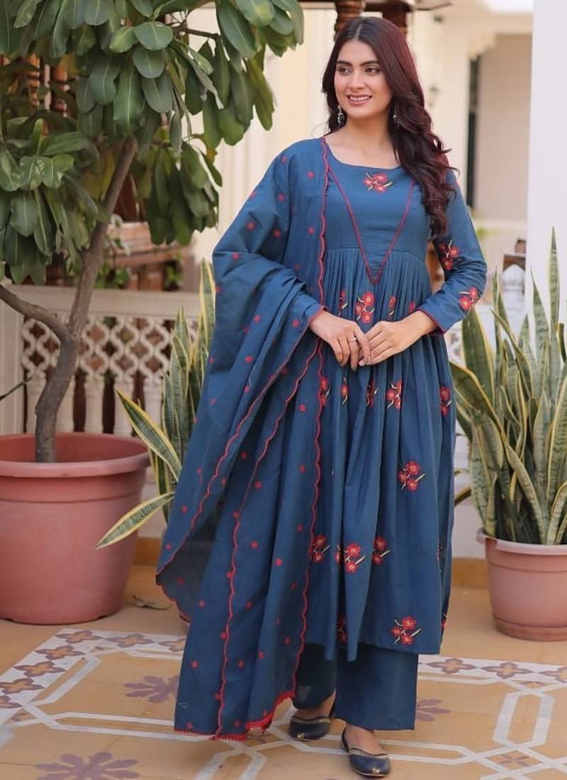 Blue cotton with embroidered work  stitched kurti pant & dupatta set