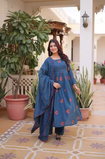 Blue cotton with embroidered work  stitched kurti pant & dupatta set