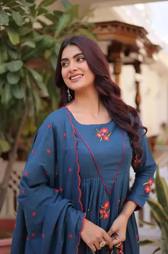 Blue cotton with embroidered work  stitched kurti pant & dupatta set