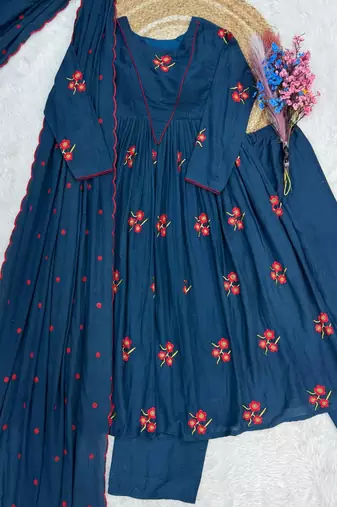 Blue cotton with embroidered work  stitched kurti pant & dupatta set