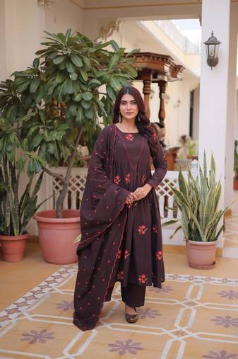 Brown cotton with embroidered work  stitched kurti pant & dupatta set