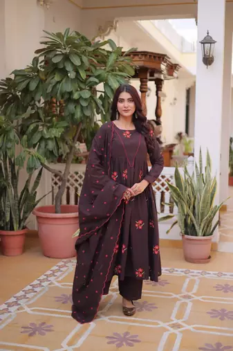 Brown cotton with embroidered work  stitched kurti pant & dupatta set