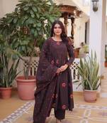 Brown cotton with embroidered work  stitched kurti pant & dupatta set
