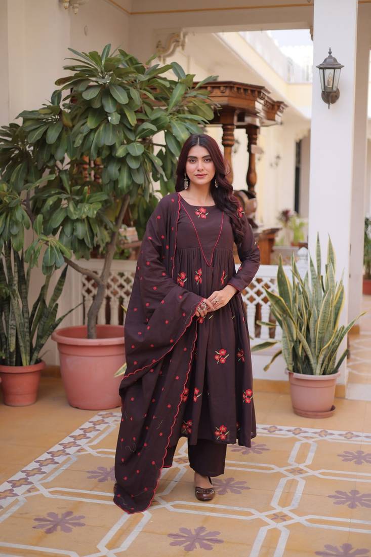 Brown cotton with embroidered work  stitched kurti pant & dupatta set