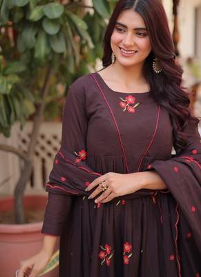 Brown cotton with embroidered work  stitched kurti pant & dupatta set 3