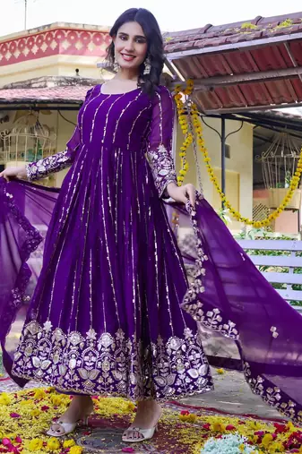 purple sequin embroidered georgette gown set
