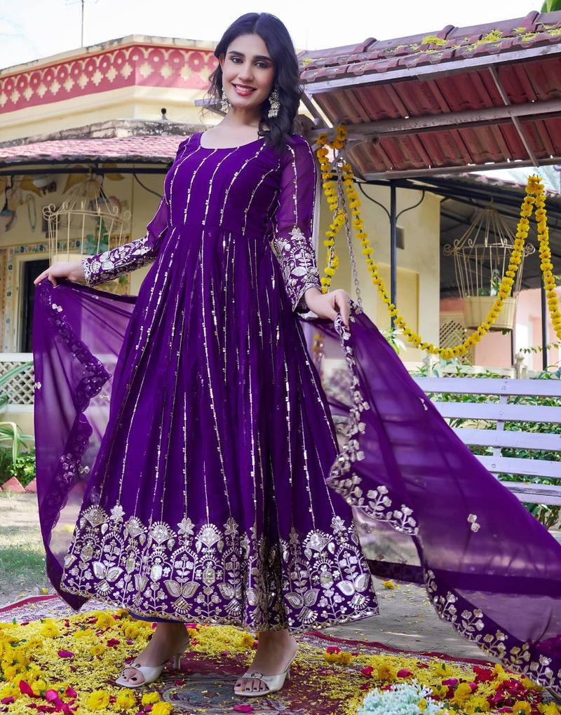 Purple faux georgette heavy 5mm sequence embroidery work  long gown & dupatta