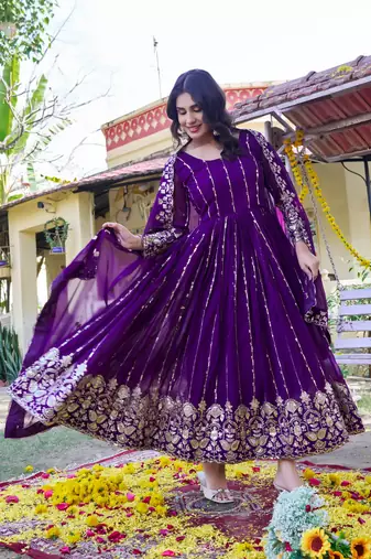 purple sequin embroidered georgette gown set