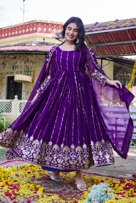 purple sequin embroidered georgette gown set 3