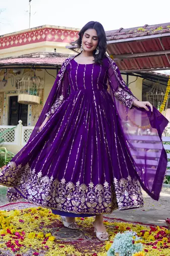 purple sequin embroidered georgette gown set