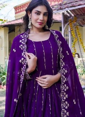 purple sequin embroidered georgette gown set 4