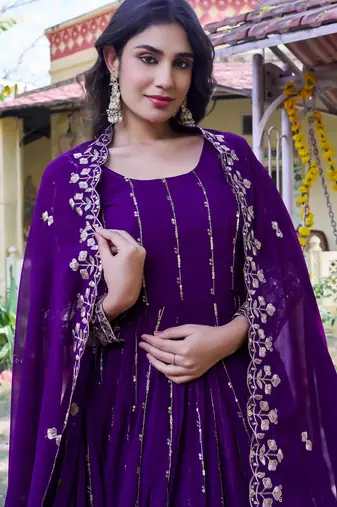 purple sequin embroidered georgette gown set