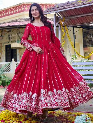 red sequin embroidered georgette gown set 1