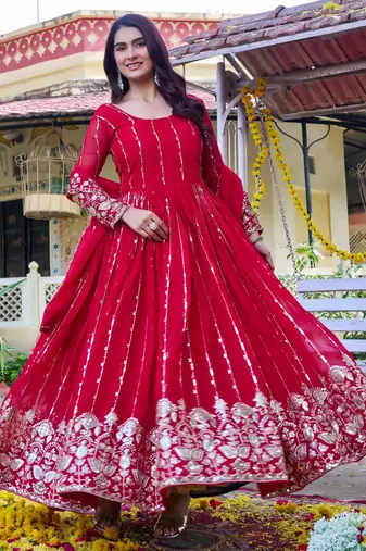 red sequin embroidered georgette gown set
