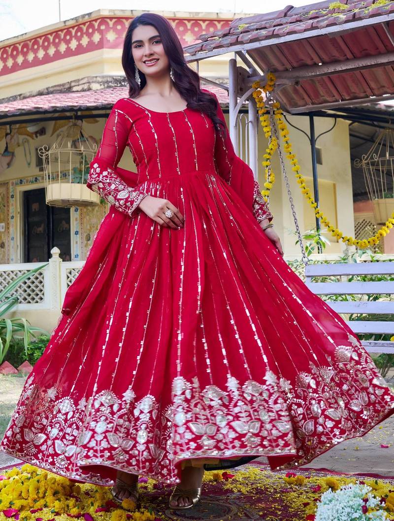 Red georgette heavy 5mm sequence embroidery work  long gown & dupatta