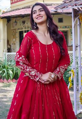 red sequin embroidered georgette gown set 2