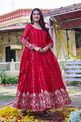 red sequin embroidered georgette gown set 3