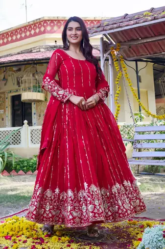 red sequin embroidered georgette gown set