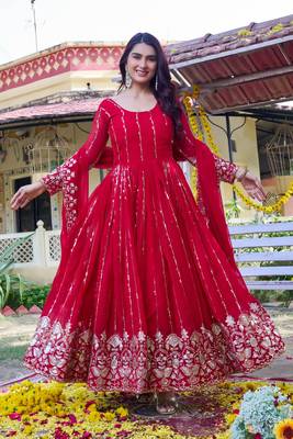 red sequin embroidered georgette gown set 5