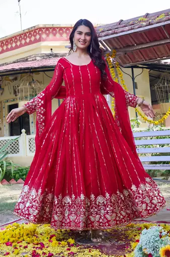 red sequin embroidered georgette gown set