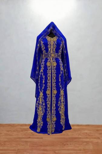 Luxury Royal Blue Embroidered Kaftan Gown with Dupatta | Dubai Style Ethnic Outfit