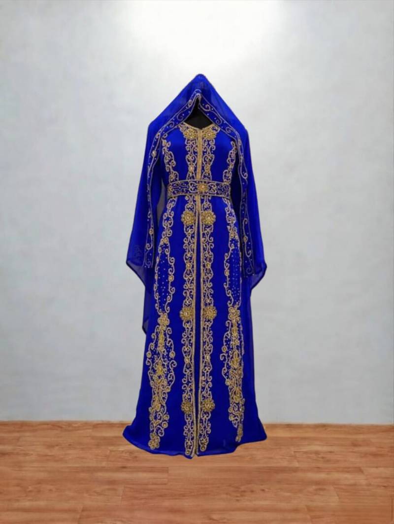 Luxury Royal Blue Embroidered Kaftan Gown with Dupatta | Dubai Style Ethnic Outfit