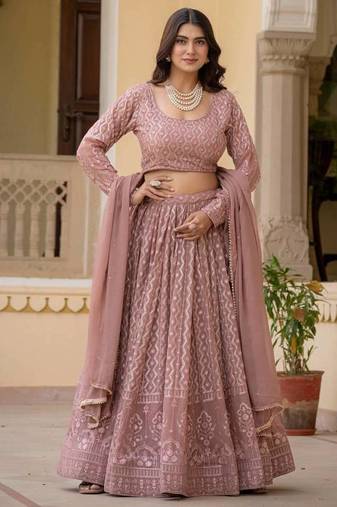 Pink Zari Sequence Embroidery Work Georgette Semi Stiched Lehenga Choli