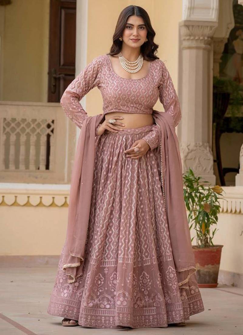 Pink Zari Sequence Embroidery Work Georgette Semi Stiched Lehenga Choli