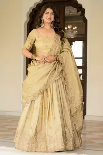 Cream Zari Sequence Embroidery Work Gold Crush Silk Semi Stiched Lehenga Choli