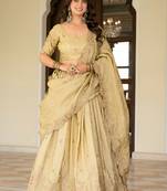 Cream Zari Sequence Embroidery Work Gold Crush Silk Semi Stiched Lehenga Choli