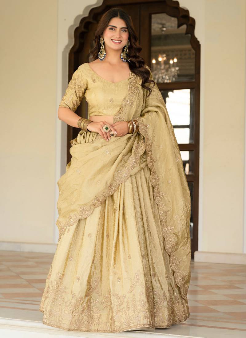 Cream Zari Sequence Embroidery Work Gold Crush Silk Semi Stiched Lehenga Choli