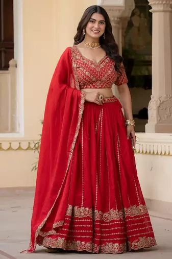 Red Zari Sequence Embroidery Work Rangoli Crush Silk Semi Stiched Lehenga Choli