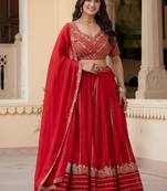 Red Zari Sequence Embroidery Work Rangoli Crush Silk Semi Stiched Lehenga Choli