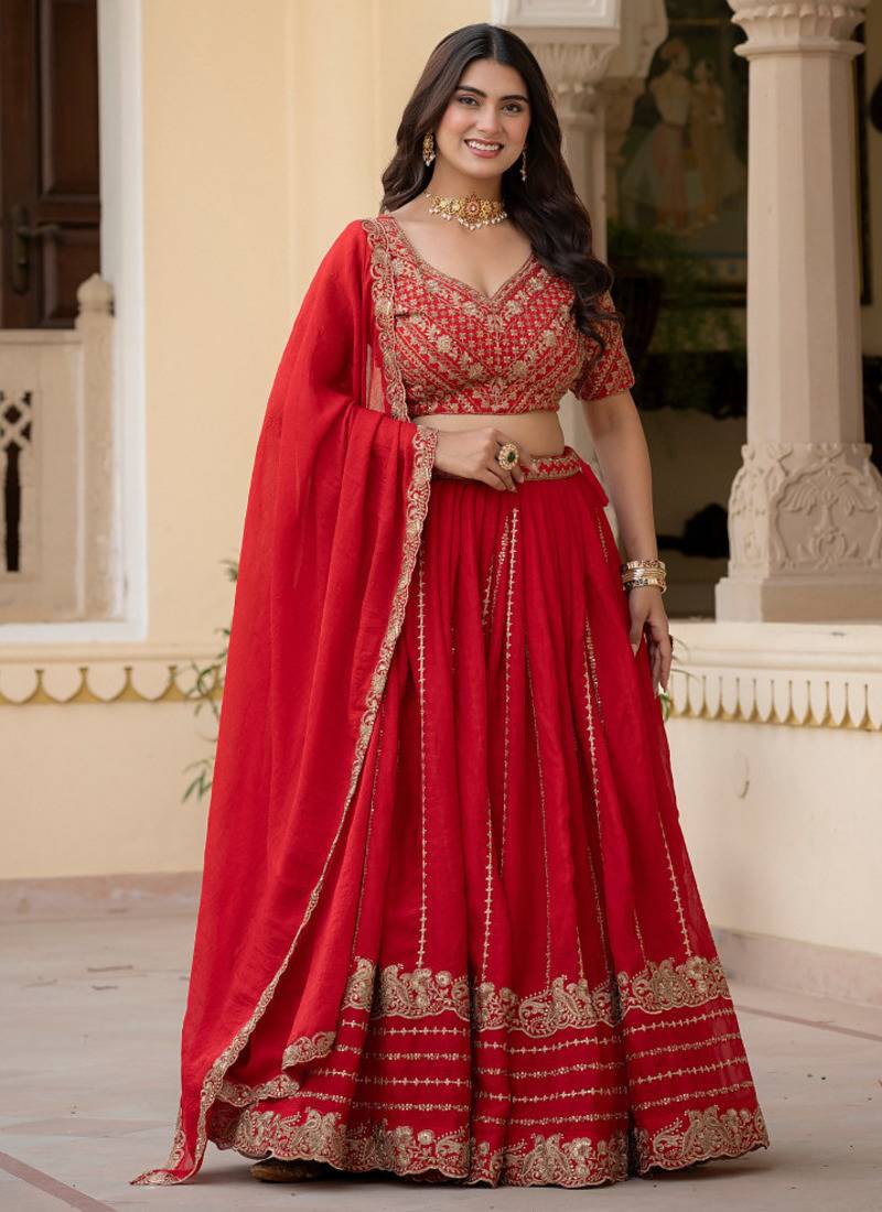 Red Zari Sequence Embroidery Work Rangoli Crush Silk Semi Stiched Lehenga Choli
