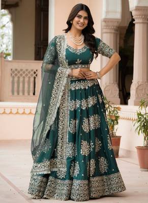 Green Zari Sequence Embroidery Work Santin Silk Semi Stiched Lehenga Choli 1