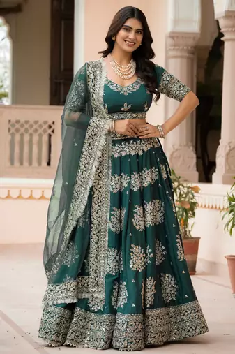 Green Zari Sequence Embroidery Work Santin Silk Semi Stiched Lehenga Choli