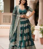 Green Zari Sequence Embroidery Work Santin Silk Semi Stiched Lehenga Choli