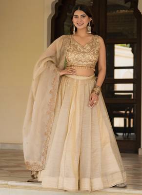 Cream Zari Sequence Embroidery Work Gold Crush Silk Semi Stiched Lehenga Choli 1