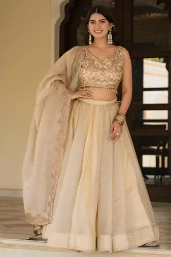 Cream Zari Sequence Embroidery Work Gold Crush Silk Semi Stiched Lehenga Choli