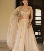 Cream Zari Sequence Embroidery Work Gold Crush Silk Semi Stiched Lehenga Choli
