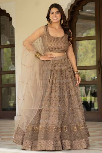 Brown Zari Sequence Embroidery Work Net Semi Stiched Lehenga Choli
