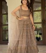 Brown Zari Sequence Embroidery Work Net Semi Stiched Lehenga Choli