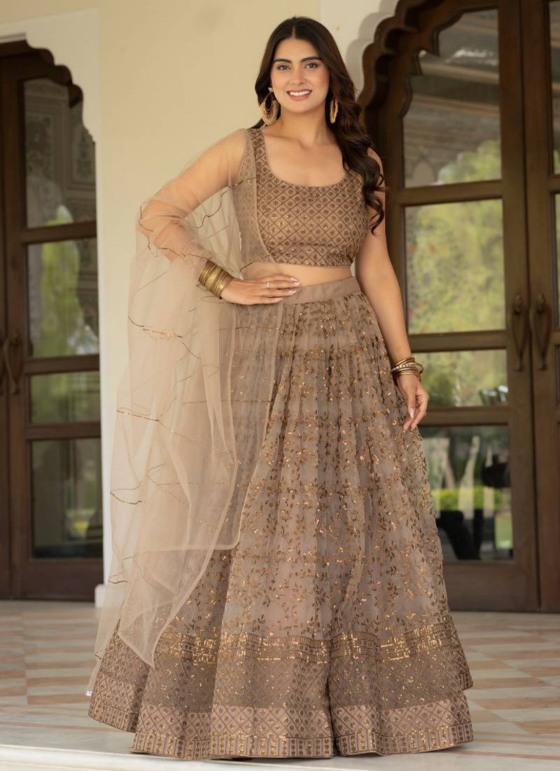Brown Zari Sequence Embroidery Work Net Semi Stiched Lehenga Choli