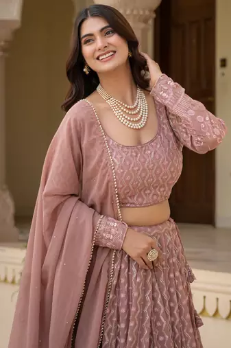 pink zari embroidered georgette lehenga choli