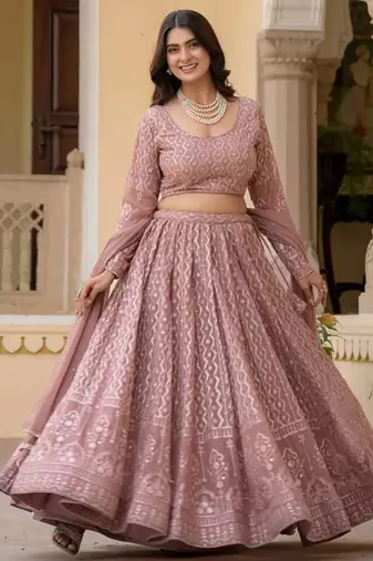 pink zari embroidered georgette lehenga choli