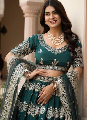Green Zari Sequence Embroidery Work Santin Silk Semi Stiched Lehenga Choli 2