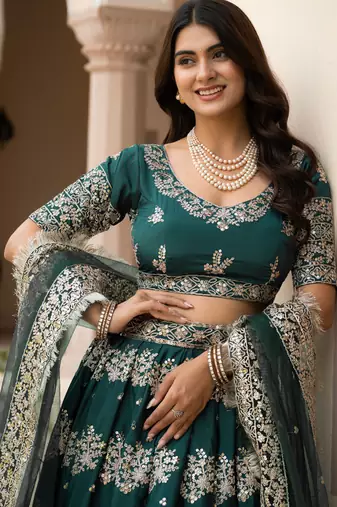 Green Zari Sequence Embroidery Work Santin Silk Semi Stiched Lehenga Choli